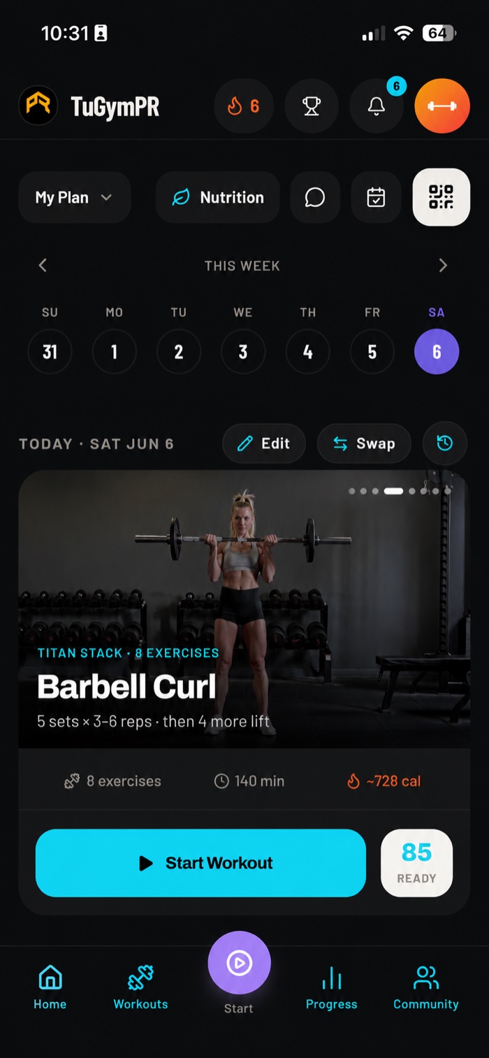 Inicio de la app del miembro — su plan de entrenamiento del día