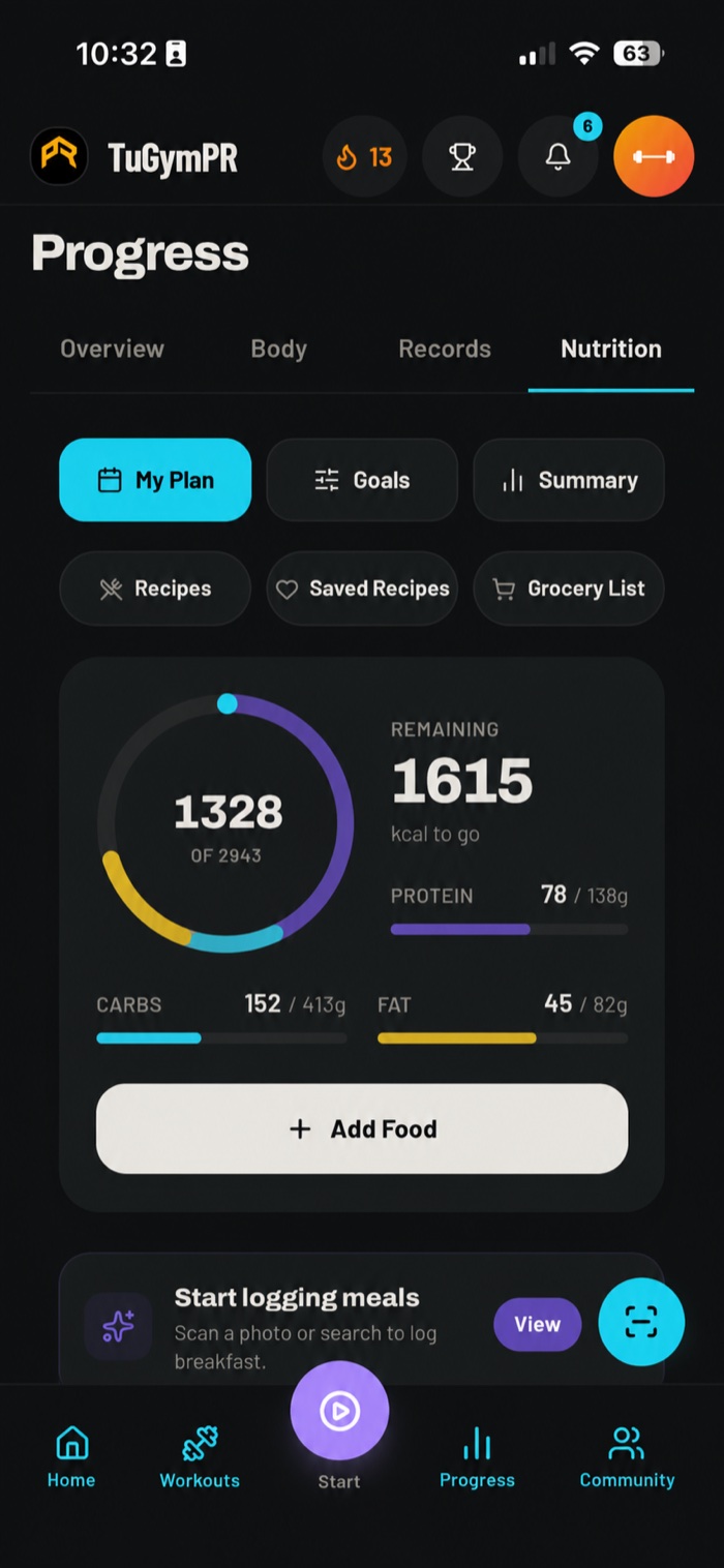 Nutrición con IA — seguimiento de macros y calorías